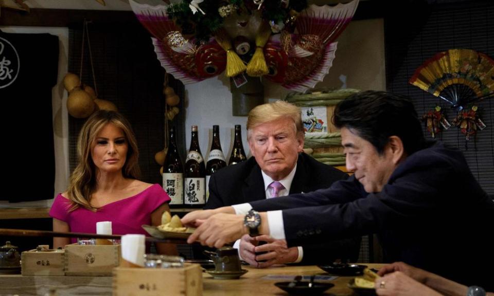 Trump and first lady Melania Trump join Japan’s Prime Minister Shinzo Abe and his wife Akie Abe for dinner in Tokyo.