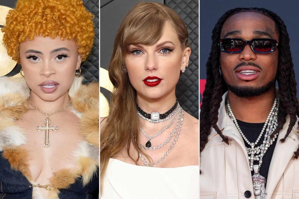 <p>Jeff Kravitz/FilmMagic; Matt Winkelmeyer/Getty; Allen J. Schaben / Los Angeles Times via Getty</p> Ice Spice, Taylor Swift, Quavo