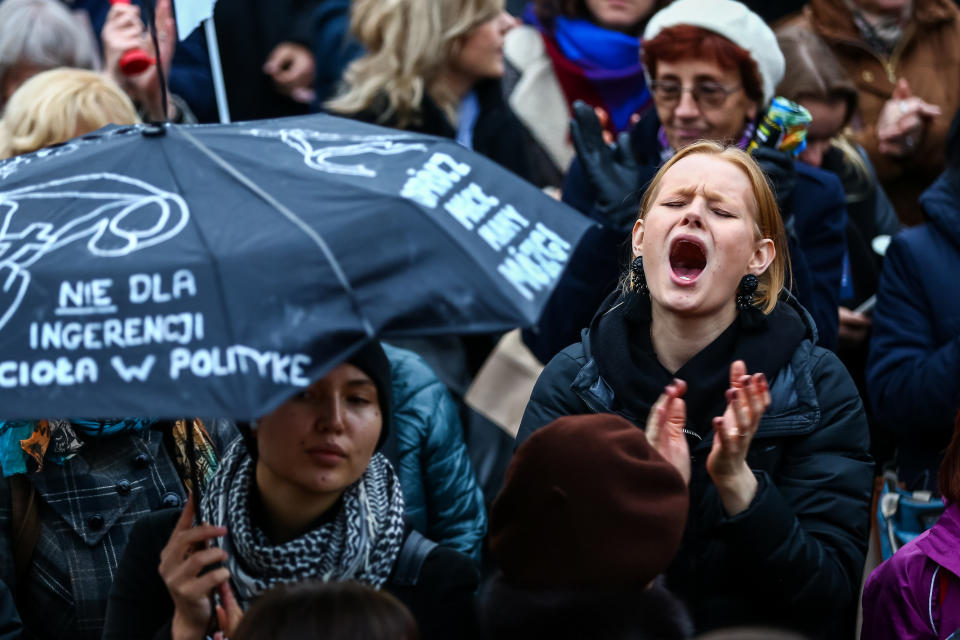 Hundreds of women with umbrellas participate in the nationwide Women's Strike on Oct. 24, 2016 in the city centre of Warsaw, Poland.&nbsp;