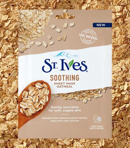 If you're looking for a gentle mask that calms the skin without any tingling sensations, this St. Ives mask feels so nice on the skin. The soothing oatmeal calms the skin and works wonders on irritation.&nbsp;<br /><br /><strong><a href="https://www.target.com/p/st-ives-nourish-and-soothe-oatmeal-sheet-mask-1ct/-/A-52560153" target="_blank" rel="noopener noreferrer">St. Ives Soothing Oatmeal Sheet Mask</a>, $2.32</strong>