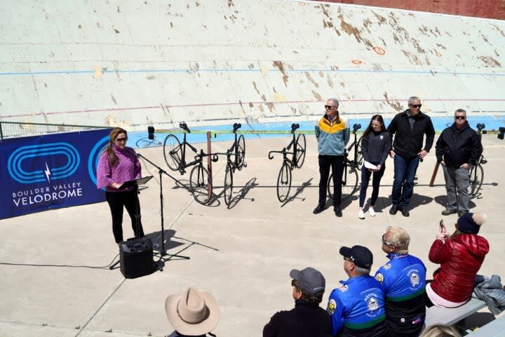 <span class="article__caption">USA Cycling board chair and partner in BVV Holdings LLC Cari Higgins addresses the press on April 20, 2023</span> (Photo: Courtesy Boulder Valley Velodrome/OnSight Public Affairs)