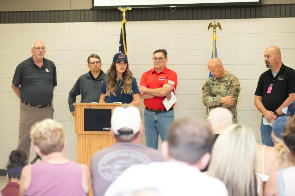 Gov. Kristi Noem leads a press conference June 23, 2024, in North Sioux City on flooding in the area. (Courtesy of Governor's Office)