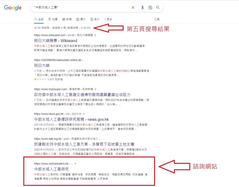 記者透過Google輸入關鍵字「中部水域人工島」，在第五頁找到諮詢網站(見紅圈)。
