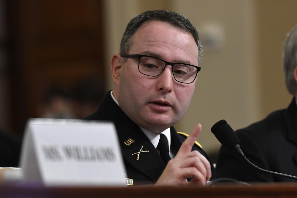 National Security Council aide Lt. Col. Alexander Vindman testifies before the House Intelligence Committee on Capitol Hill in Washington, Tuesday, Nov. 19, 2019, during a public impeachment hearing of President Donald Trump's efforts to tie U.S. aid for Ukraine to investigations of his political opponents. (AP Photo/Susan Walsh)