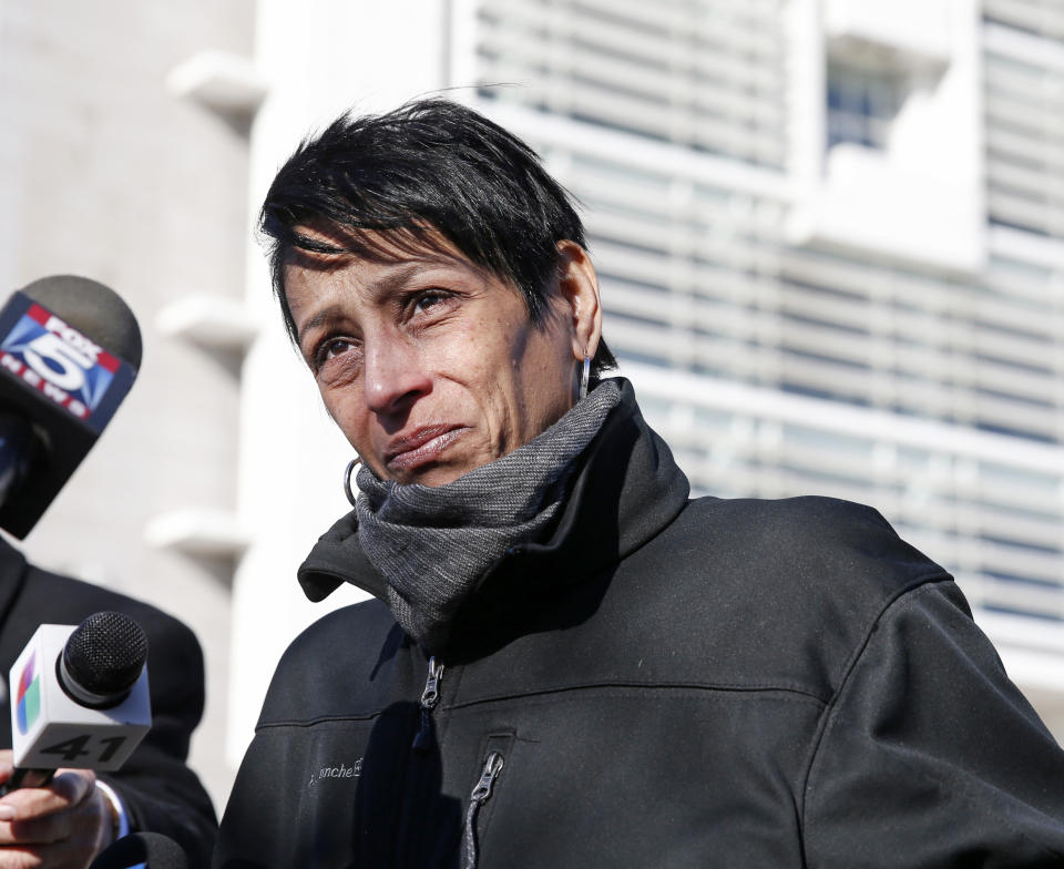 FILE- In this March 2, 2017 file photo, Evelyn Rodriguez, mother of Kayla Cuevas, 16, who was brutally slain in 2016 allegedly by members of the MS-13 street gang, stops to talk members of the press gathered outside U.S. District Court in Central Islip, N.Y. Rodriguez, who was recognized by President Donald Trump at the State of the Union after he daughter was murdered, was struck and killed by a car at her daughter's memorial on Friday, Sept. 14, 2018. (AP Photo/Kathy Willens, File)