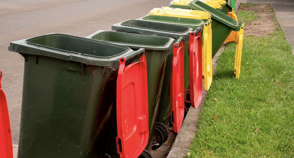 Red and yellow kerbside bins are seen with lids open. 