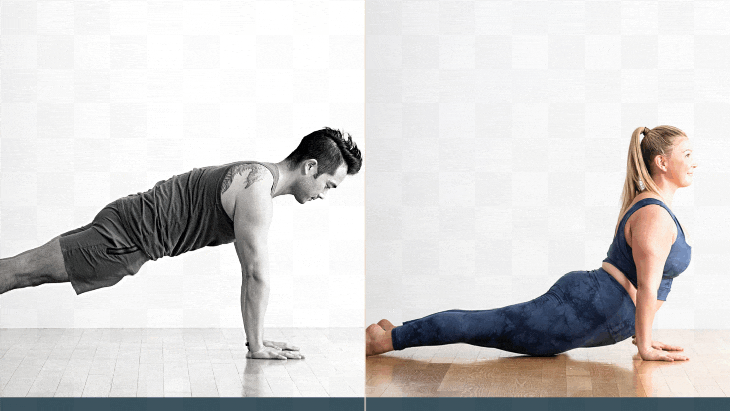 A man practices Plank Pose; a woman practices Upward Facing Dog. Both are in a white room with a light wood floor.