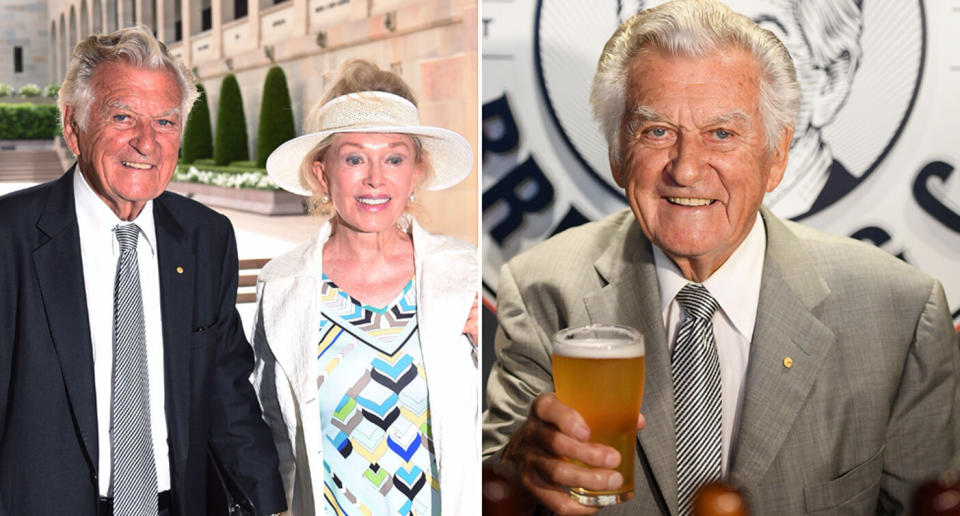 Former Prime Minister Bob Hawke and wife Blanche d'Dalpuget in February 2015 and Mr Hawke at the launch of Hawke's Brewing Co in Sydney in 2017. 