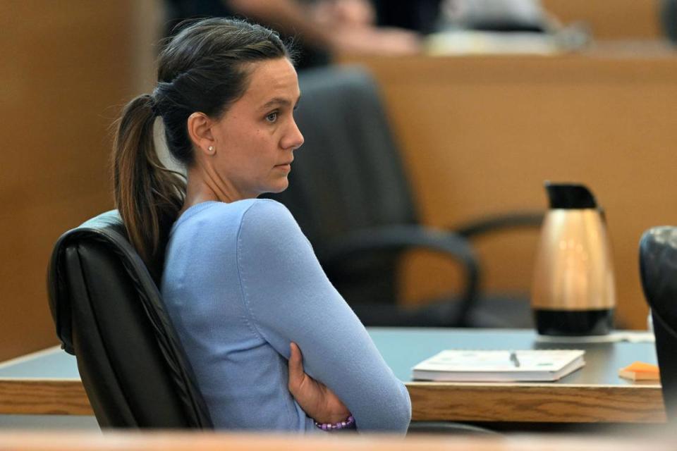 Ashley Benefield on the first day of her trial for the second-degree murder of her husband, Doug Benefield, in 2020 at the Manatee County Judicial Center, July 23, 2024.