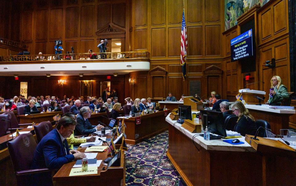 The Indiana House committee hears public testimony Tuesday, Aug. 2, 2022, concerning SB1, the abortion ban bill, inside House Chambers at the Indiana Statehouse.