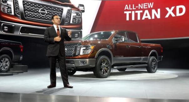 <b class="credit">Nissan</b>Nissan CEO Carlos Ghosn reveals the 2016 Titan XD pickup. It hits U.S. dealers late in 2015.