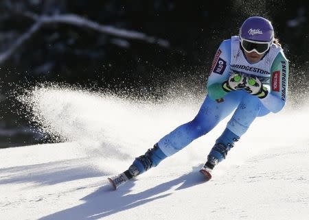 Tina Maze of Slovenia speeds down during the women's downhill first run of the Alpine Skiing World Cup in Garmisch-Partenkirchen March 7, 2015. REUTERS/Wolfgang Rattay