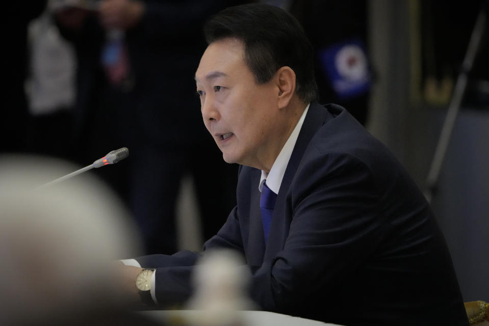 South Korea's President Yoon Suk-yeol speaks during the ASEAN - South Korea Summits (Association of Southeast Asian Nations) in Phnom Penh, Cambodia, Friday, Nov. 11, 2022. The ASEAN summit kicks off a series of three top-level meetings in Asia, with the Group of 20 summit in Bali to follow and then the Asia Pacific Economic Cooperation forum in Bangkok. (AP Photo/Anupam Nath)