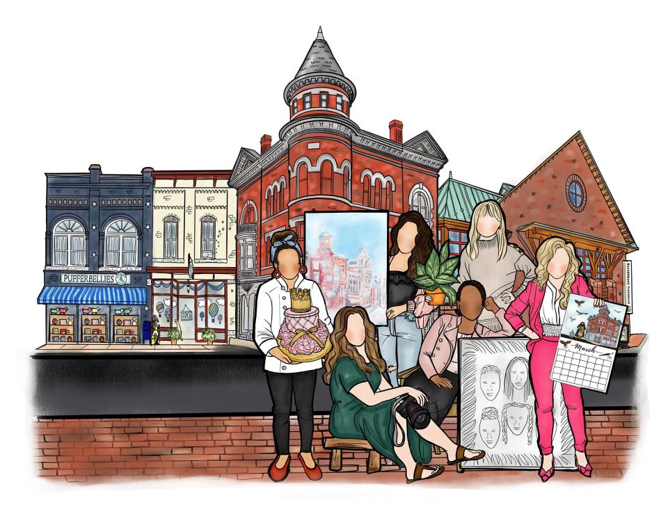 Staunton will be hosting its first Queen City Women's Day on March 11 in downtown Staunton. Illustration features women from Staunton: owner of Burrow & Vine/Megan Burrows, artist and yoga instructor/Noelia Nunez, Alba Wright/owner of Magdalena’s Bakery, artist and art teacher/Sarah Jones and photographer and musician/Sera Petras.