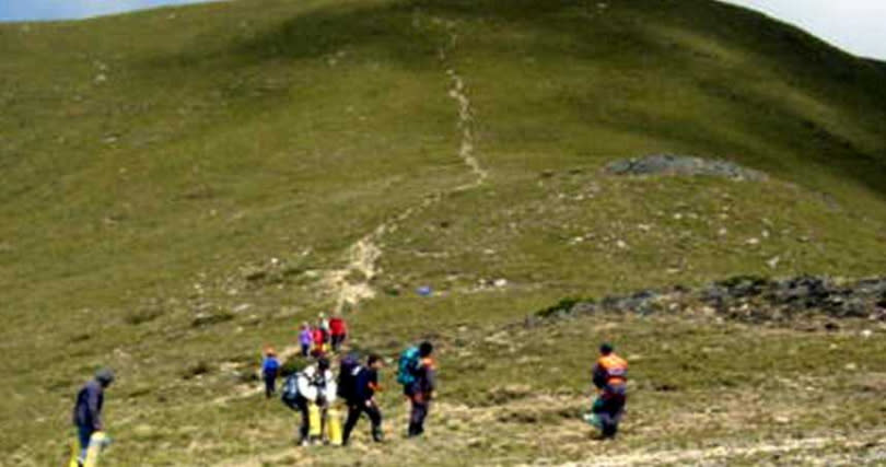 搜救人員和山友在綠草如茵的嘉明湖附近搜尋失蹤者。（圖／報系資料照）