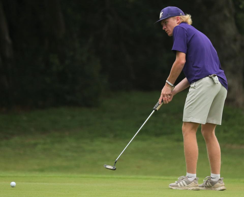 Mason High School's Ivan Wofford putts during the first round of the UIL Class 2A Boys State Golf Tournament at Lions Municipal Golf Course in Austin on Monday, May 9, 2022.