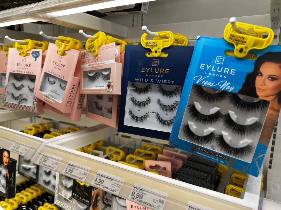 Fake eyelashes with security tags at Target.
