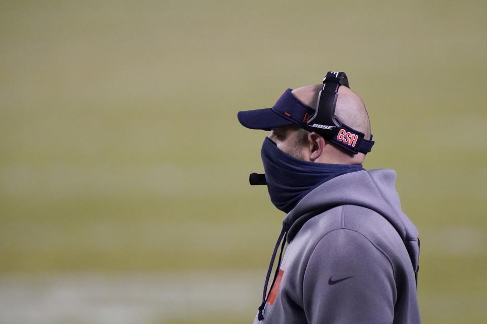 Chicago Bears head coach Matt Nagy watches during the second half of an NFL football game against the Green Bay Packers Sunday, Jan. 3, 2021, in Chicago. (AP Photo/Nam Y. Huh)