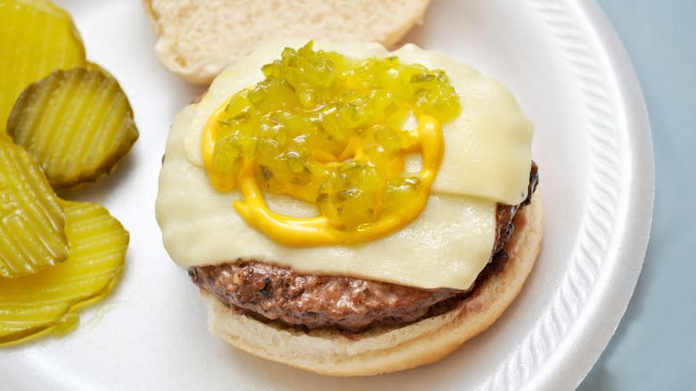 burger with cheese, relish and mustard