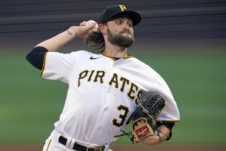 Pittsburgh Pirates starting pitcher JT Brubaker delivers during the first inning of the team's baseball game against the Milwaukee Brewers in Pittsburgh, Thursday, June 30, 2022. (AP Photo/Gene J. Puskar)