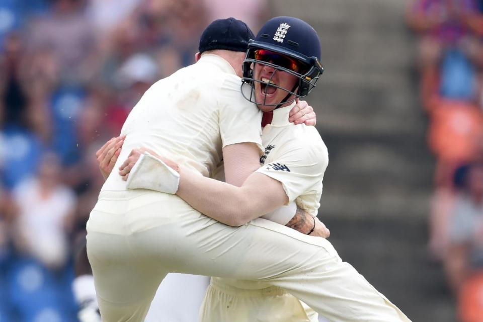 Jennings and Stokes celebrate the remarkable dismissal of Karunaratne (AFP/Getty Images)