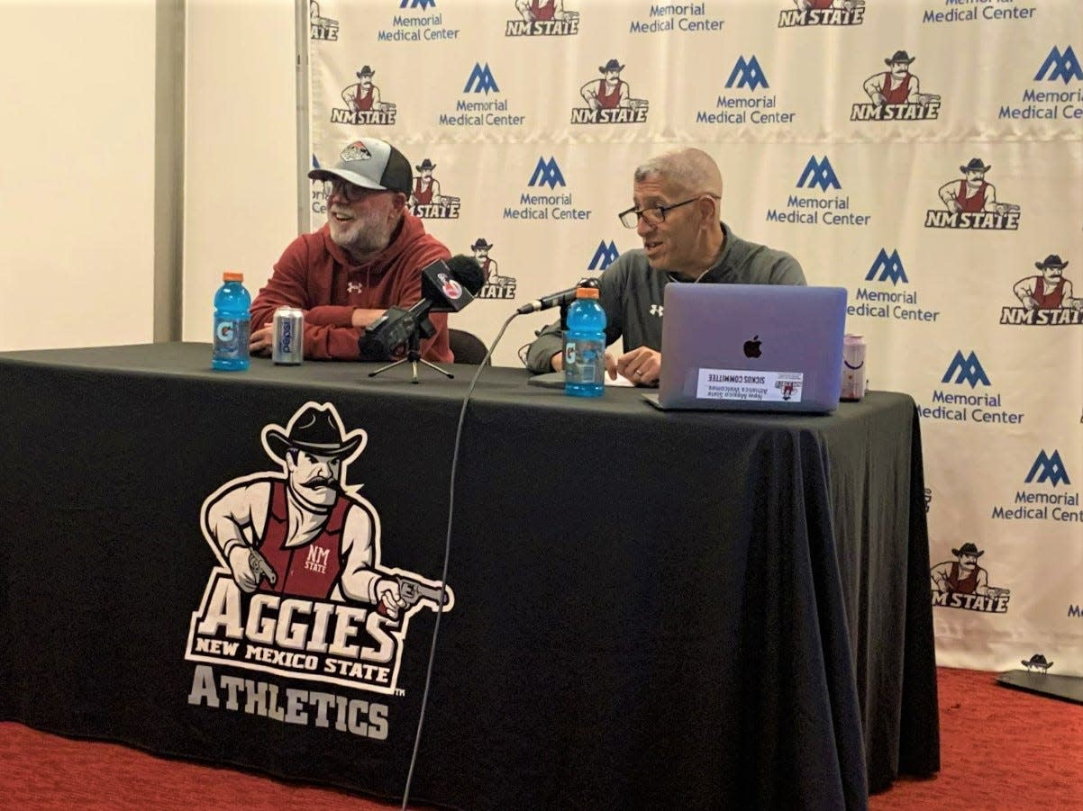 New Mexico State Football Coach Jerry Kill and Athletics Director Mario Moccia conduct a news conference Thursday, Dec. 1, 2022, to discuss the team's bowl eligibility.