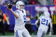 Indianapolis Colts' Nick Foles (9) throws a pass during the first half of an NFL football game against the New York Giants, Sunday, Jan. 1, 2023, in East Rutherford, N.J. (AP Photo/Seth Wenig)