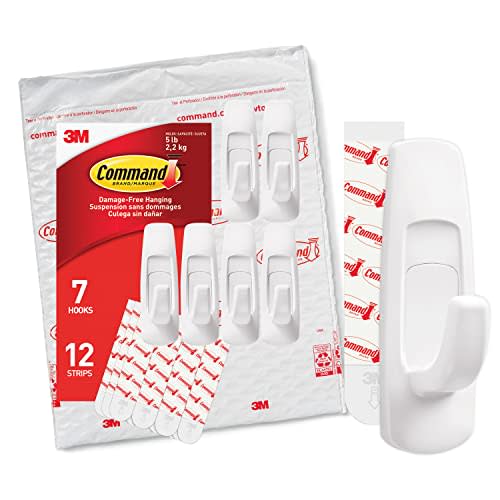 Command Large Utility Hooks, Damage Free Hanging Wall Hooks with Adhesive Strips, No Tools Wall Hooks for Hanging Christmas Decorations, 7 White Hooks and 12 Command Strips