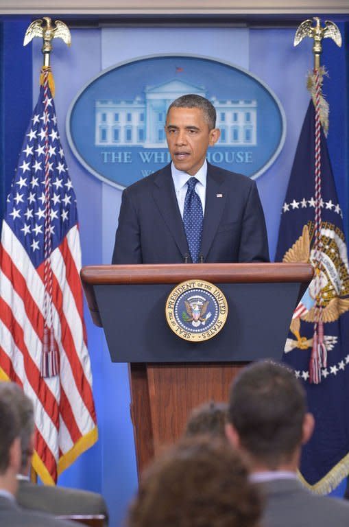 US President Barack Obama speaks on the Boston Marathon explosions on April 15, 2013 at the White House in Washington