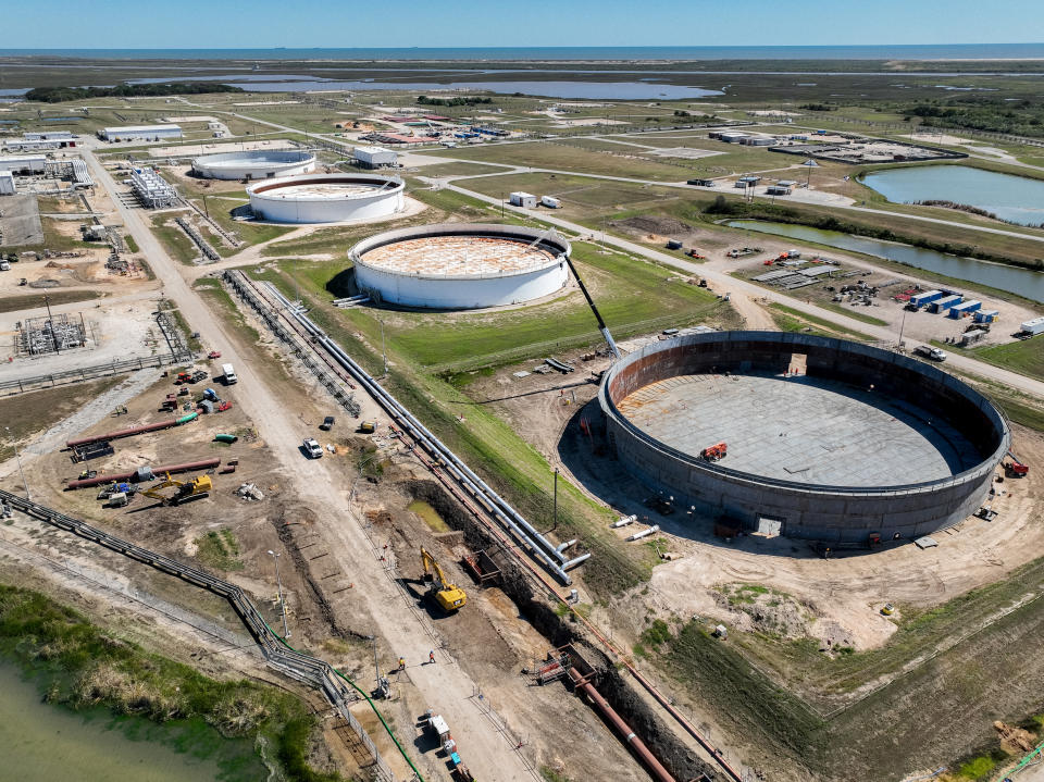 FREEPORT, TEXAS - OCTOBER 19: In an aerial view, the Strategic Petroleum Reserve storage at the Bryan Mound site is seen October 19, 2022 in Freeport, Texas.  US President Joe Biden plans to release fifteen million barrels of oil from the country's emergency reserves in a bid to continue to drive down gas prices across the country.  The deal complements Biden's initiative in March to release 180 million barrels from the Strategic Petroleum Reserve.  (Photo by Brandon Bell/Getty Images)