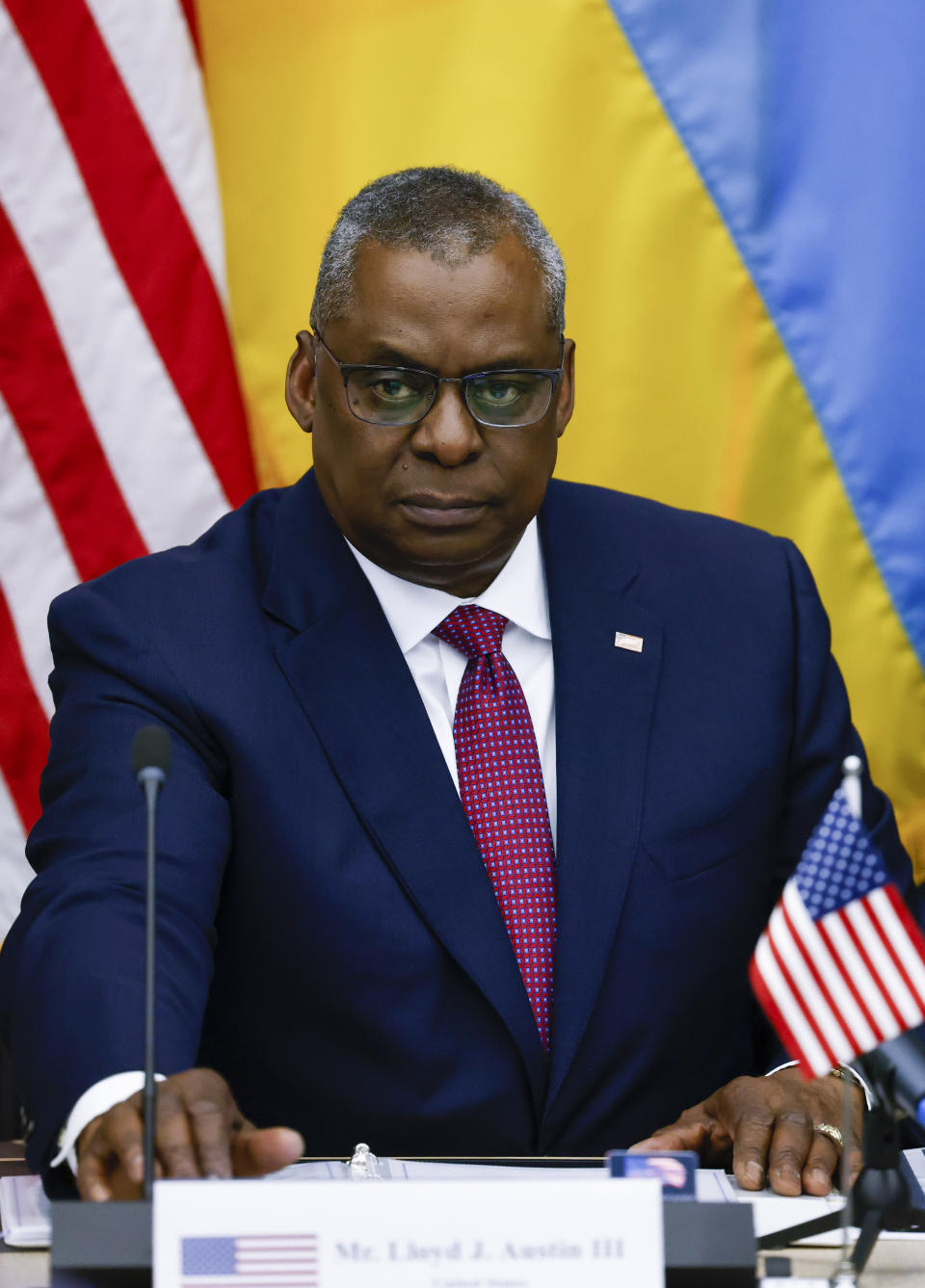 U.S. Defense Secretary Lloyd Austin attends the Ukraine Defense Contact group meeting ahead of a NATO defense ministers' meeting at NATO headquarters in Brussels, Wednesday, June 15, 2022. NATO defense ministers, attending a two-day meeting starting Wednesday, will discuss beefing up weapons supplies to Ukraine, and Sweden and Finland's applications to join the transatlantic military alliance. (Yves Herman, Pool Photo via AP)