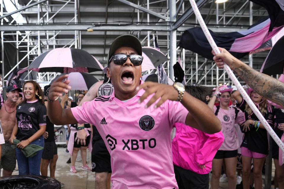 Inter Miami fans cheer before an MLS soccer match against Austin FC, Saturday, July 1, 2023, in Fort Lauderdale, Fla. (AP Photo/Lynne Sladky)