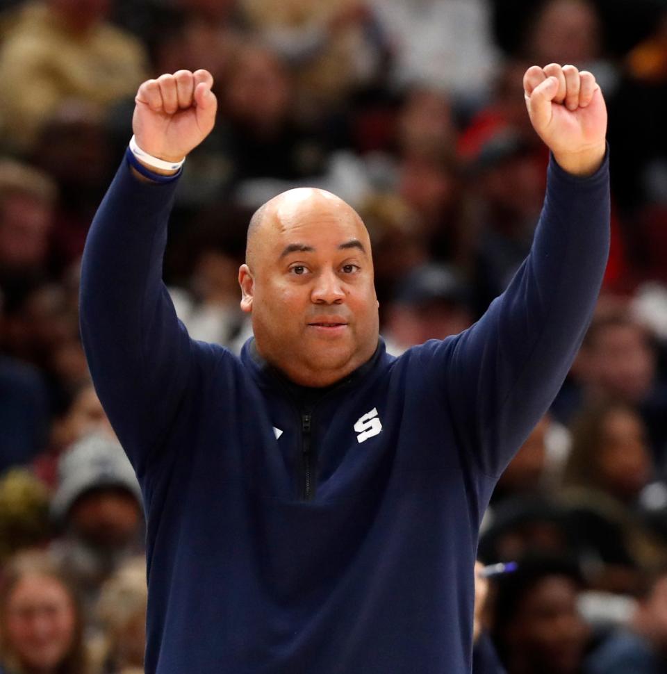 Penn State Nittany Lions head coach Micah Shrewsberry yells down court during the Big Ten Men’s Basketball Tournament Championship game against the Purdue Boilermakers, Sunday, March 12, 2023, at United Center in Chicago. Purdue won 67-65.