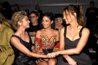 <p>Talk about fashionable friends! The actresses had front row seats for the Moschino show. Tracee Ellis Ross, Joe Jonas, and many more famous faces were also on hand. (Photo: Kevin Mazur/Getty Images for Moschino) </p>