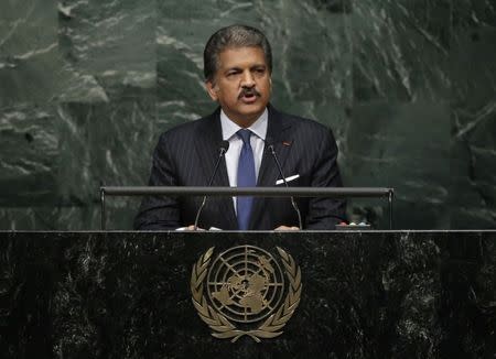 FILE PHOTO - Anand Mahindra, Chief Executive Officer, Mahindra Group, Business Representative, delivers his remarks during the Paris Agreement on climate change held at the United Nations Headquarters in Manhattan, New York, U.S., April 22, 2016. REUTERS/Mike Segar