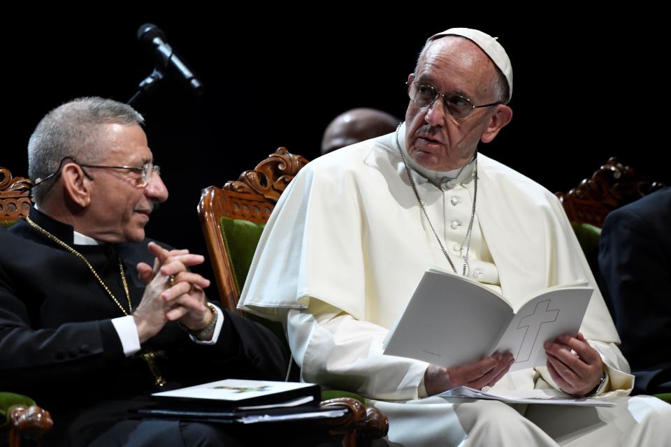 President of the Lutheran World Federation Bishop Munib Younan (L)and Pope Francis attend an ecumenical event at the Malmo Arena on October 31, 2016 in Malmo, Sweden. Pope Francis kicked off a two-day visit to Sweden to mark the 500th anniversary of the Reformation -- a highly symbolic trip, given that Martin Luther's dissenting movement launched centuries of bitter and often bloody divisions in Europe.&nbsp; (Photo: JONATHAN NACKSTRAND via Getty Images)