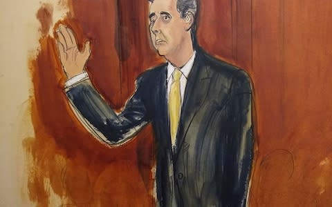 In this court room drawing, Michael Cohen swears that his statements will be truthful during a hearing at federal court in New York, - Credit: AP
