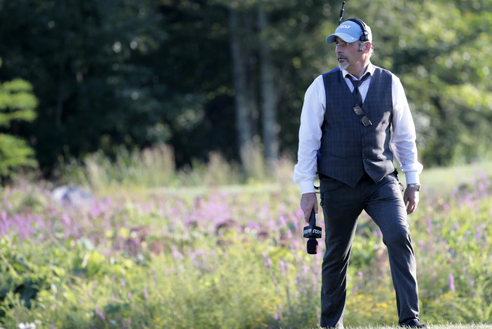 NORTON, MA - SEPTEMBER 03: NBC Golf's analyst David Feherty on the 18th during the Final Round of the Dell Technologies Championship on September 3, 2018, at TPC Boston in Norton, Massachusetts. (Photo by Fred Kfoury III/Icon Sportswire via Getty Images)