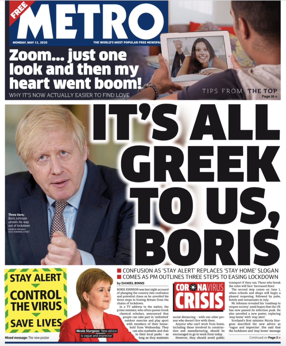 Metro highlighted the 'confusion' over the prime minister's speech on its front page.