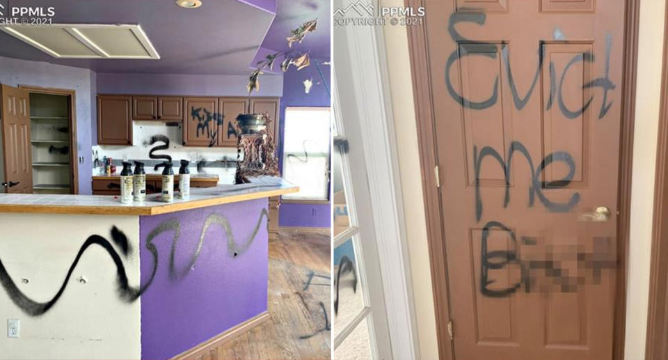 The words “evict me b***h” scribbled on a door in black paint. Source: Zillow