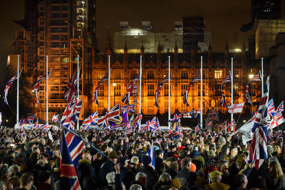 Pro-Brexit supporters gather in Parliament Square, London, as the UK prepared to leave the European Union at 11pm UK time. Picture date: Friday January 31, 2020. Photo credit should read: Matt Crossick/Empics