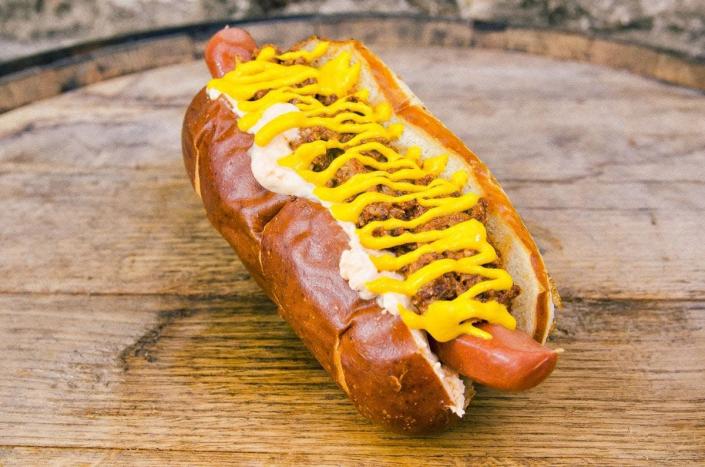 The Louisville is made with cheddar, beer cheese, flint-style Coney sauce, and organic yellow mustard at Red Top Hotdogs in Louisville.