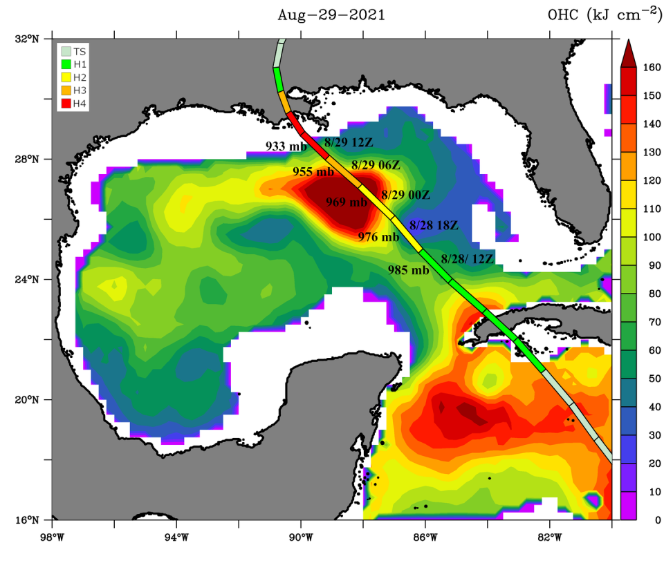 <span class="caption">Hurricane Ida’s pressure dropped quickly as it crossed a warm, deep eddy boundary on Aug. 29, 2021.</span> <span class="attribution"><span class="source">Nick Shay/University of Miami</span>, <a class="link " href="http://creativecommons.org/licenses/by-nd/4.0/" rel="nofollow noopener" target="_blank" data-ylk="slk:CC BY-ND;elm:context_link;itc:0;sec:content-canvas">CC BY-ND</a></span>