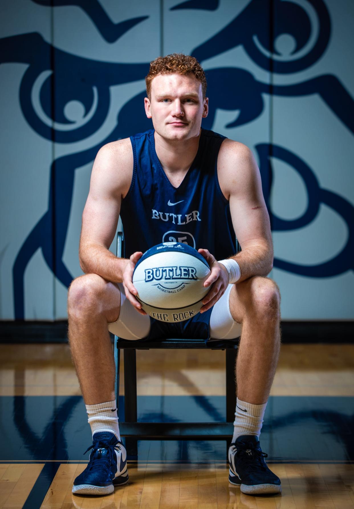 Butler University basketball player John-Michael Mulloy at Media Day on Wednesday, Oct. 17, 2023, in the Butler University practice gym in Indianapolis.