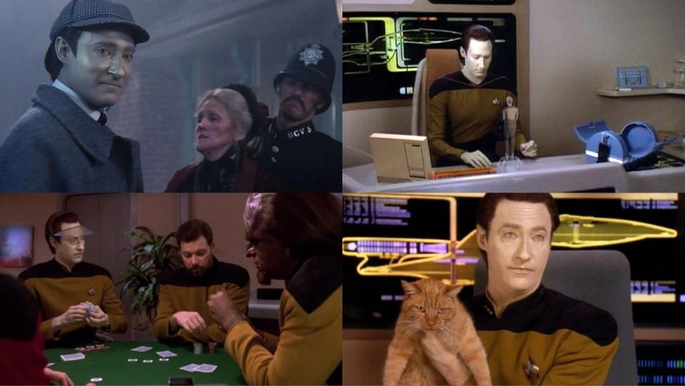 Data as Sherlock Holmes in TNG's "Elementary, Dear Data," Data looking at his hologram of Tasha Yar in "The Measure of a Man," Data playing poker in "Second Chance," and Data and his beloved cat Spot.