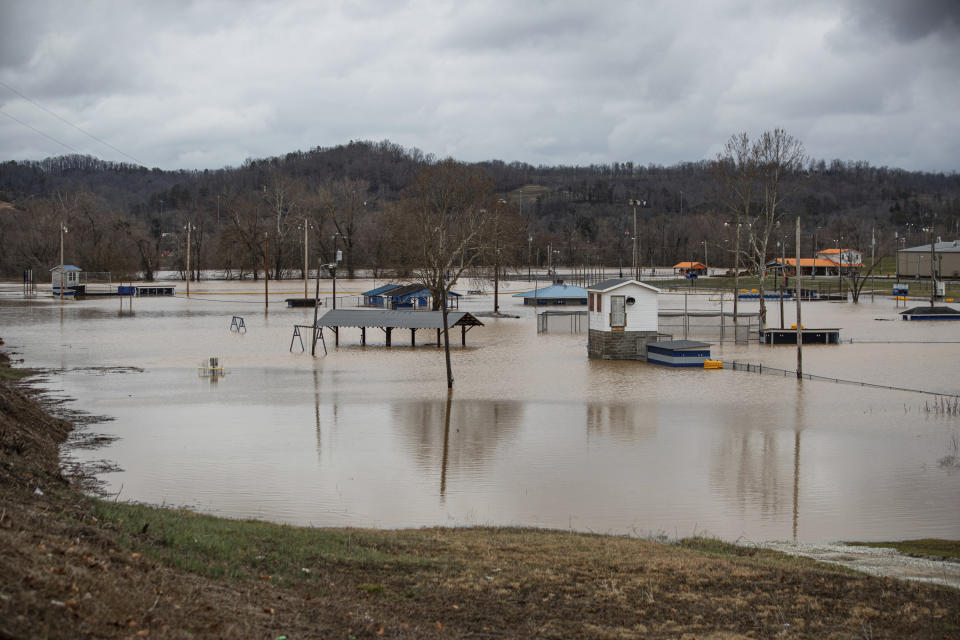 Floodwater covers the Milton Little League fields on Friday, Feb. 17, 2023, in Milton, W.Va. (Kyle Phillips/The Herald-Dispatch via AP)