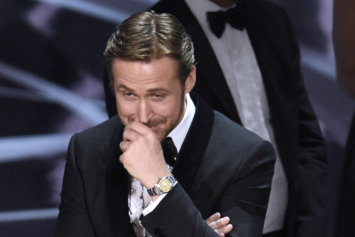 Awkward: Ryan Gosling reacts to the Best Picture gaffe: Chris Pizzello/Invision/AP)