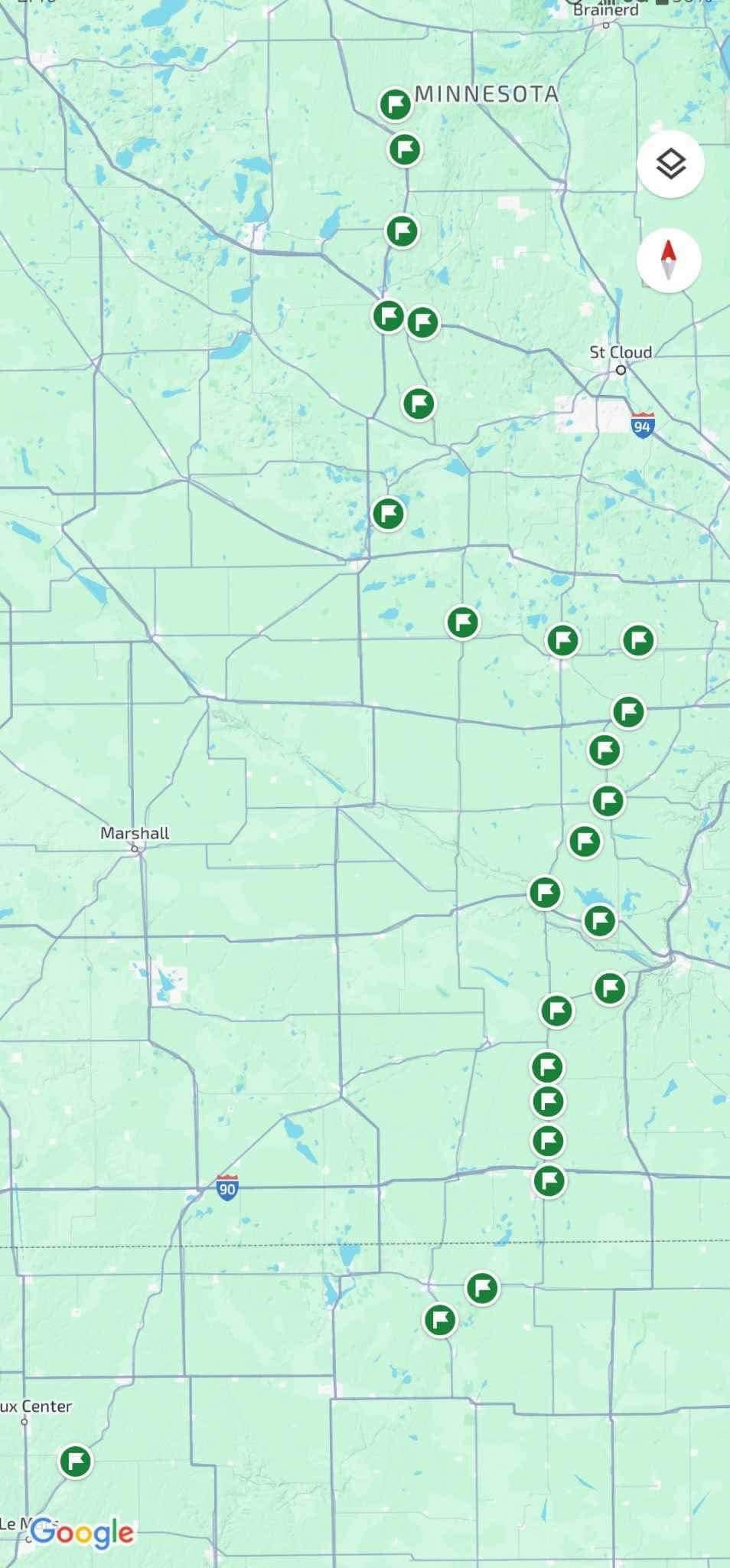 A map tracking Rutt as he moves up north through Minnesota.