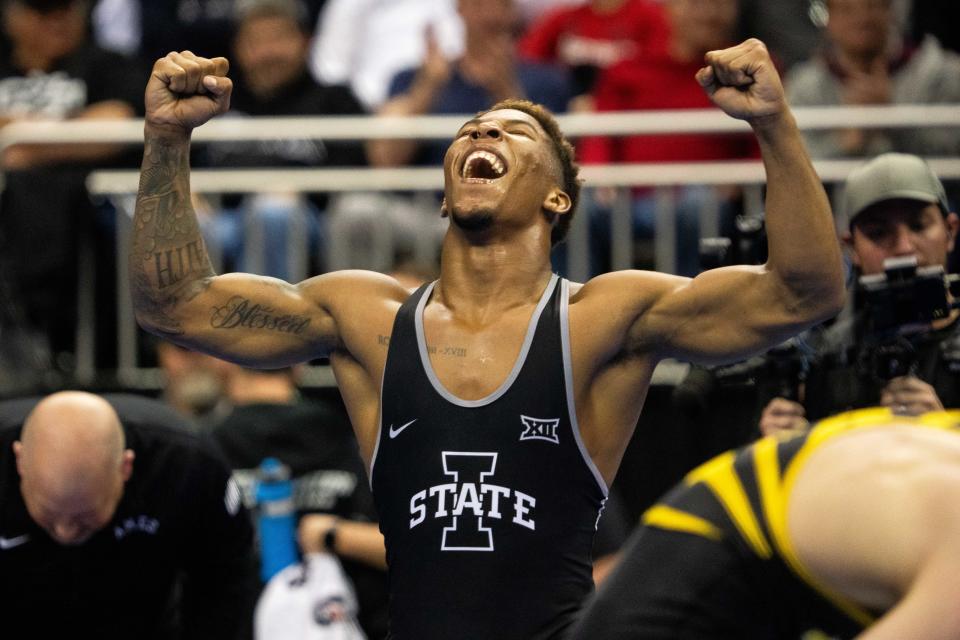 ISU's David Carr wrestles in the 165 lbs semifinal of the NCAA championships Friday, March 22, 2024, at the T Mobile Center in Kansas City, MO.