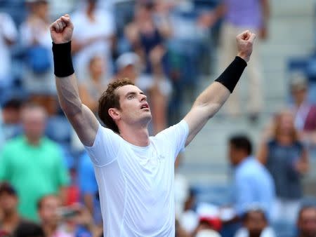 Sep 3, 2015; New York, NY, USA; Andy Murray of Great Britain celebrates after defeating Adrian Mannarino of France on day four of the 2015 U.S. Open tennis tournament at USTA Billie Jean King National Tennis Center. Mandatory Credit: Jerry Lai-USA TODAY Sports